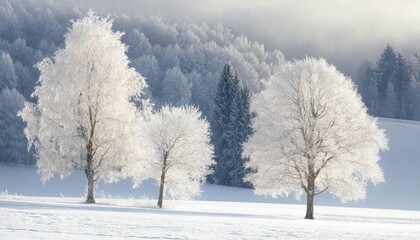 Obraz premium Frost-covered trees in a serene winter landscape.