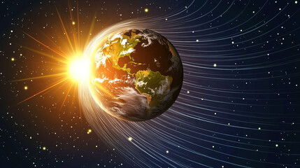 Fototapeta premium Earth axis diagram illustration showing the tilt of the Earth's rotational axis relative to its orbital plane, explaining the cause of seasonal changes and the distribution of sunlight.