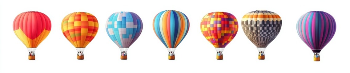 Obraz premium A row of seven colorful hot air balloons with baskets, isolated on a white background.