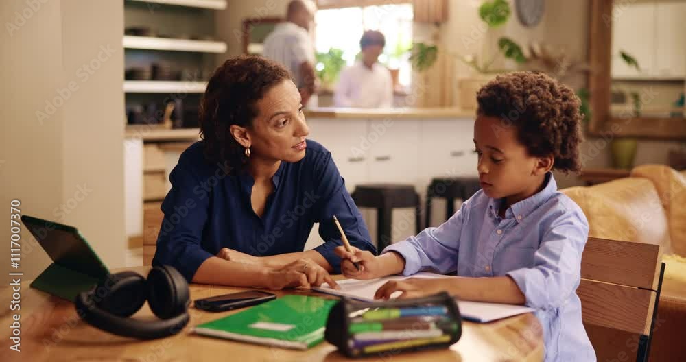 Poster Homework, teaching and tutor with child and notebook for learning, education and development. Studying, writing and knowledge with kid in family home for help, test solution and project together