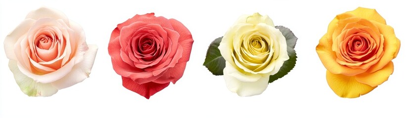 Naklejka premium Four roses of different colors isolated on white background.