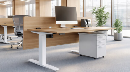 Modern office workspace featuring a standing desk, computer, phone, drawers, and plants, creating an organized and contemporary work environment with natural light.