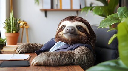Fototapeta premium A sloth in office attire, lounging at a desk, with blank space to add text on the wall behind