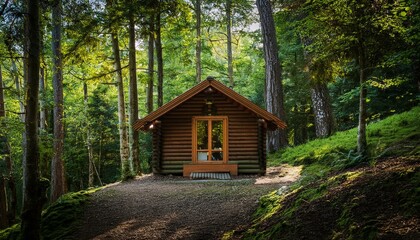 숲속의 작은 오두막 나무 사이에 숨겨진 듯 자리 잡은 오두막과 그 주변의 울창한 초록 나무들