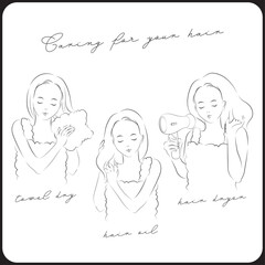 A woman drying her hair with a towel, a woman applying serum to her hair, a woman drying her hair with a hair dryer