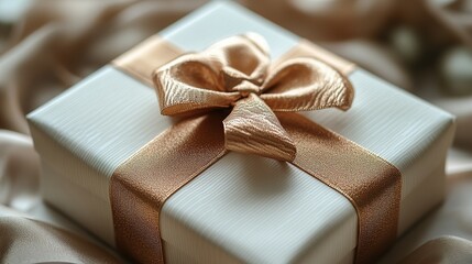 Beautifully Wrapped White Gift Box Featuring a Gorgeous Gold Ribbon