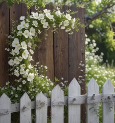 Fototapeta premium A delicate, white-colored floral wreath on a wooden fence with a sprinkle of spring flowers, white ribbon, natural elements, wooden fence