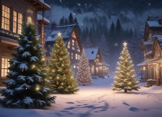 A festive holiday scene with glittering snowflakes, twinkling lights, and decorated evergreen trees in the background , festive, holiday, backdrop