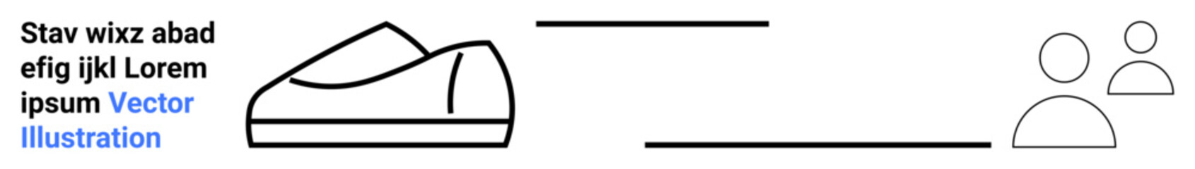 Shoe, text blocks, user icons ideal for web, app, UI, UX design, branding, marketing, presentations, educational content. Modern aesthetic. Black and white line art Landing page