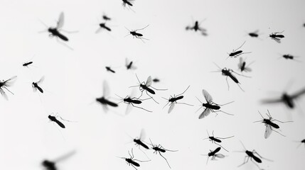 Flying Mosquitoes on White Background, Small Insects in Mid-air, Creating a Simple yet Intriguing Visual Scene.