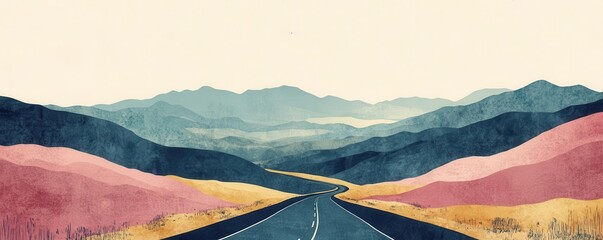 Vintage watercolor mountains with a sweeping road, flat design, triadic color scheme, blending retro charm with travel vibes, Mountain range sweeping road