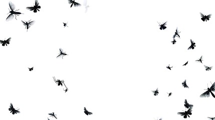 Flying Mosquitoes on White Background, Small Insects in Mid-air, Creating a Simple yet Intriguing Visual Scene.