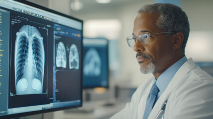 A doctor examines chest X-rays on a computer monitor in a medical office, focusing on detailed imaging for patient diagnosis and care assessment.