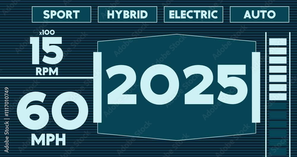 Poster futuristic car dashboard with number 2025. digital graphical user interface animation.