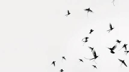 Obraz premium Flying Mosquitoes on White Background, Small Insects in Mid-air, Creating a Simple yet Intriguing Visual Scene.