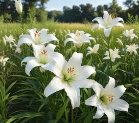 Fototapeta premium A profusion of pure white lily and rose in a loose, organic arrangement within a sunny open landscape of tall grasses , wildflower mix, roses, nature