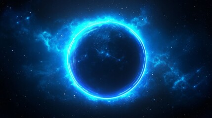 Fototapeta premium digital planet projection, advanced interface rings, luminous orbital circles, technological dots mapping, space noir background, neon blue emissions, symmetrical portal framework, futuristic earth