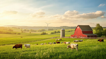 A peaceful farm scene with cows grazing in a lush green field, a red barn, silo, and wind turbine in the background under a blue sky.