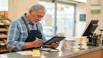 At the checkout counter a senior man is busy logging inventory using a tablet surrounded by a small mountain of paperwork. Pens and sticky notes are tered around him creating a