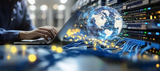Person Working on Laptop in Data Center with Cables and Digital Overlay Representing Global Connectivity
