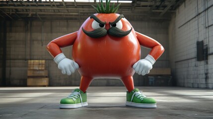 A glossy red tomato character with exaggerated features, including a stern face, bushy mustache, and quirky green sneakers.