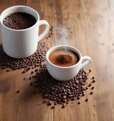 Fototapeta premium Aromatic coffee grounds and beans on a wooden planked surface with a steaming cup of coffee, warm, aromatic, cozy
