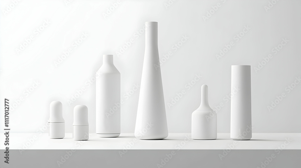 Wall mural Minimalist still life of white ceramic vessels on a white surface against a white background.