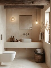 Modern Rustic Bathroom Design. Minimalist Floating Vanity with Vessel Sink, Wall-Mounted Toilet, Exposed Wooden Beams, Pendant Lighting, and Natural Decor Elements.