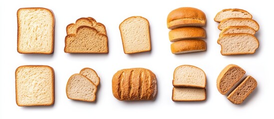 Different types of bread sliced and laid out on a white background.