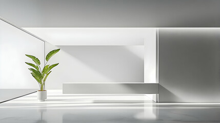 Obraz premium Minimalist white reception area with plant and large window.