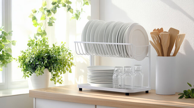 A sunlit kitchen with neatly arranged plates and glasses on a dish rack, surrounded by potted plants and wooden kitchen utensils.