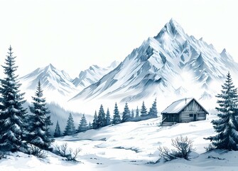 Vintage Ink Drawing of Snow-Covered Mountains and Cabin - Detailed Winter Landscape Sketch - Generative AI