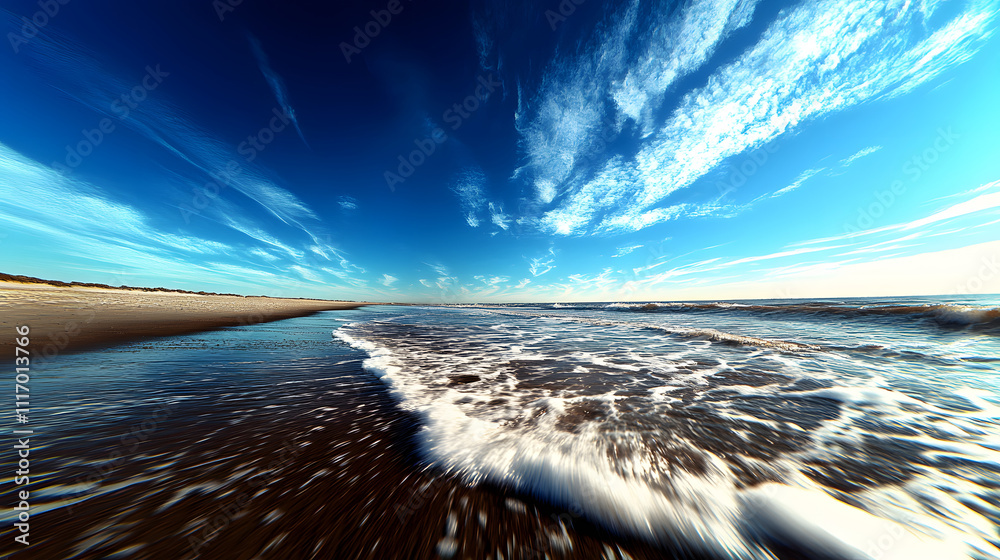Poster a serene beach scene featuring gentle waves lapping against the shore under a vibrant blue sky with 