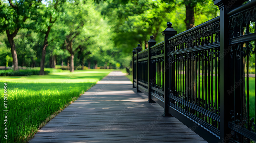 Poster a serene park pathway lined with lush greenery and a decorative black fence, creating a tranquil out