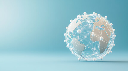 A stylized globe with interconnected nodes and lines represents global communication and connectivity against a soft blue background, suggesting worldwide networking or technology.