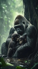 Naklejka premium Tropical Jungle Gorilla Family Serenity