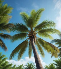 Fototapeta premium Coconut palm tree with vibrant green leaves and a strong trunk against bright blue sky, coconut palm tree, lush foliage, greenery