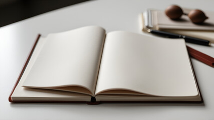 A plain notebook with a blank cover lying open on a minimal white background