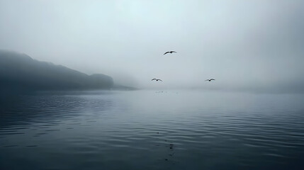 Fototapeta premium Misty lake landscape with birds flying over calm water and foggy hills in the background.