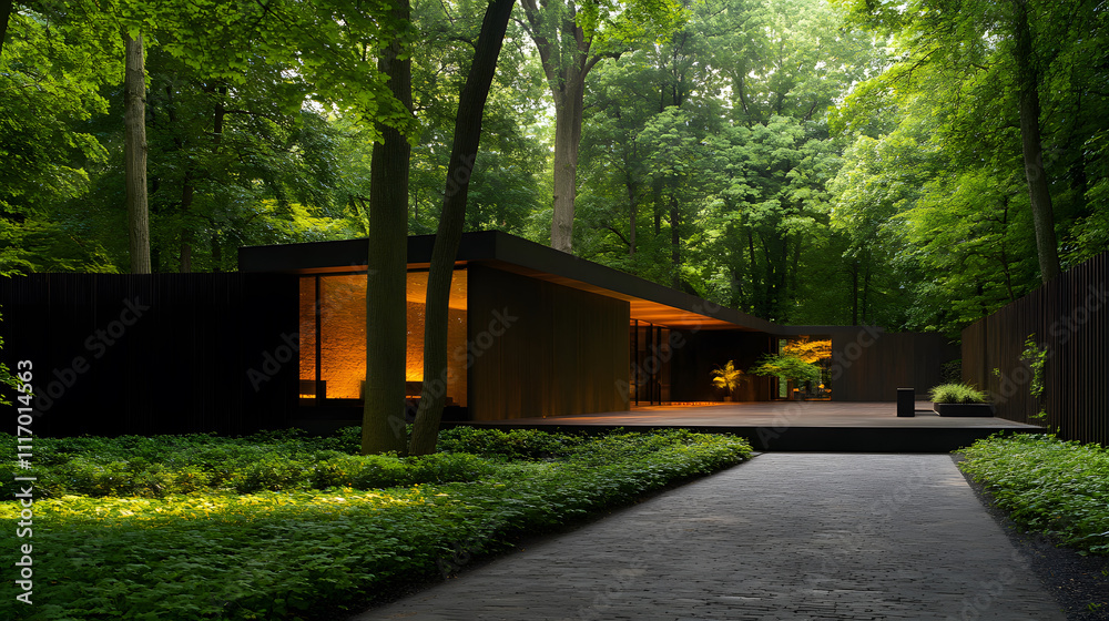 Poster a modern house nestled in a lush green forest, featuring sleek architecture and warm lighting, surro