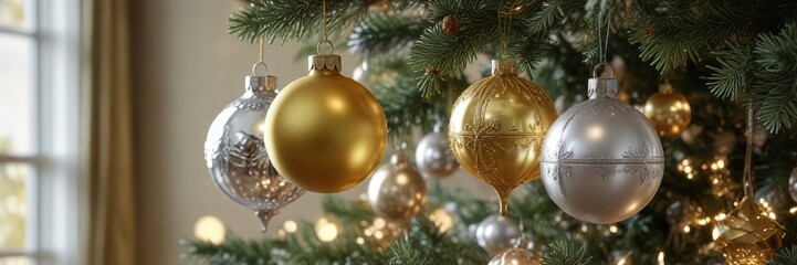 colorful array of glass and metal ornaments in shades of gold, silver, and clear hanging from a Christmas tree , wintry treasures, shimmering spheres