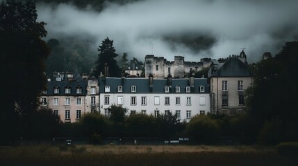Obraz premium Misty morning view of a historic building complex nestled among lush greenery.