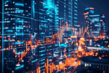 Fototapeta premium futuristic city building with glowing lines and candlestick showing a chart from trading, investing and cryptocurrency market