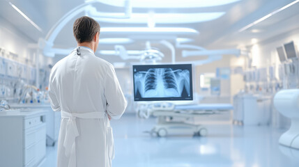 A doctor analyzes a chest X-ray on a screen in a modern, high-tech medical facility, surrounded by advanced equipment and bright lighting.