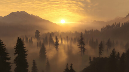 Obraz premium Misty sunrise over a mountain valley shrouded in fog, with coniferous trees and golden light.