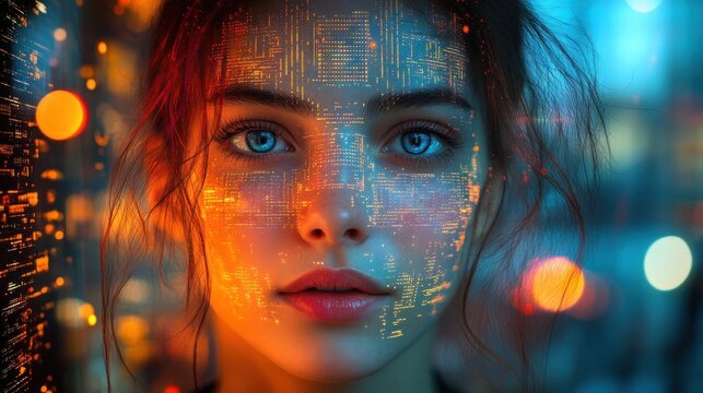 Futuristic Digital Portrait with Facial Recognition Overlays and Cyberpunk Cityscape