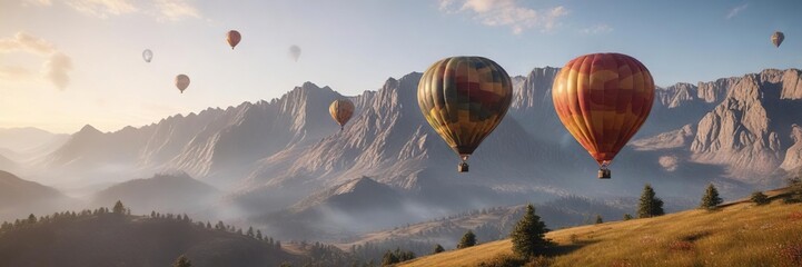 Obraz premium Colorful hot air balloons floating over mountain range, slideshow, travel