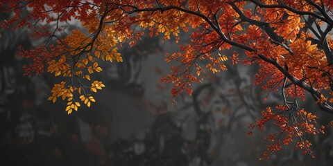 Colorful leaves and branches of a tree against a black and white background , botanical, tree