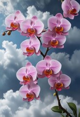 Fototapeta premium Colorful orchid blooms on a branch amidst the clouds, greenery, tropical plants, blooming flowers