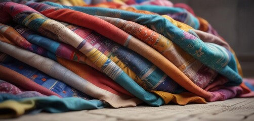 Colorful patchwork blankets draped over a pile of fluffy cloth , soft, fabric, fleece